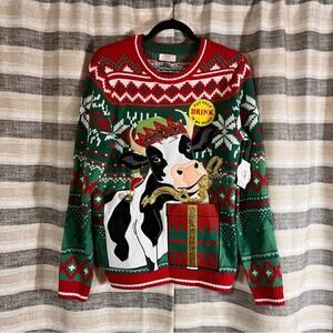 Holiday Time Red And Green Cow Christmas Sweater Size Small‎